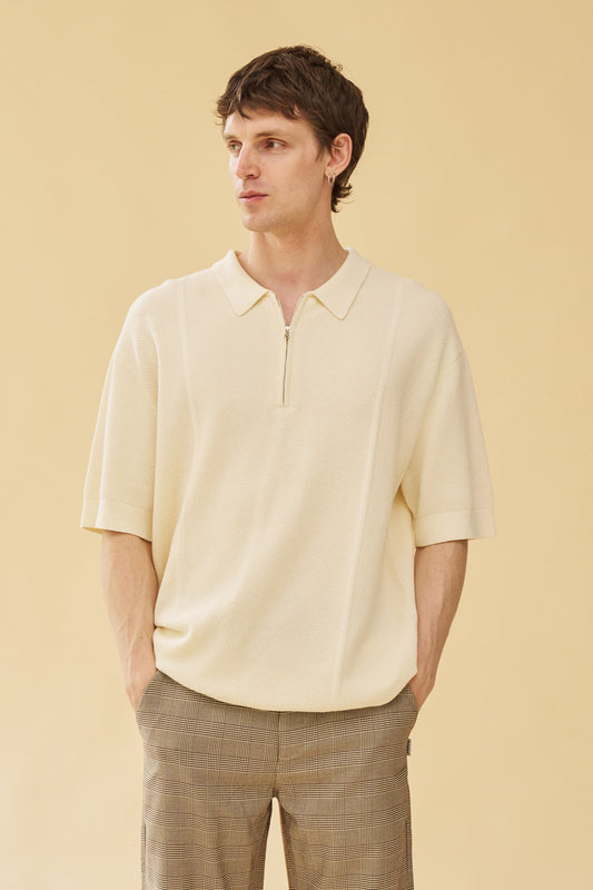 ARTHUR 1/4 ZIP WAFFLE KNIT POLO - ECRU