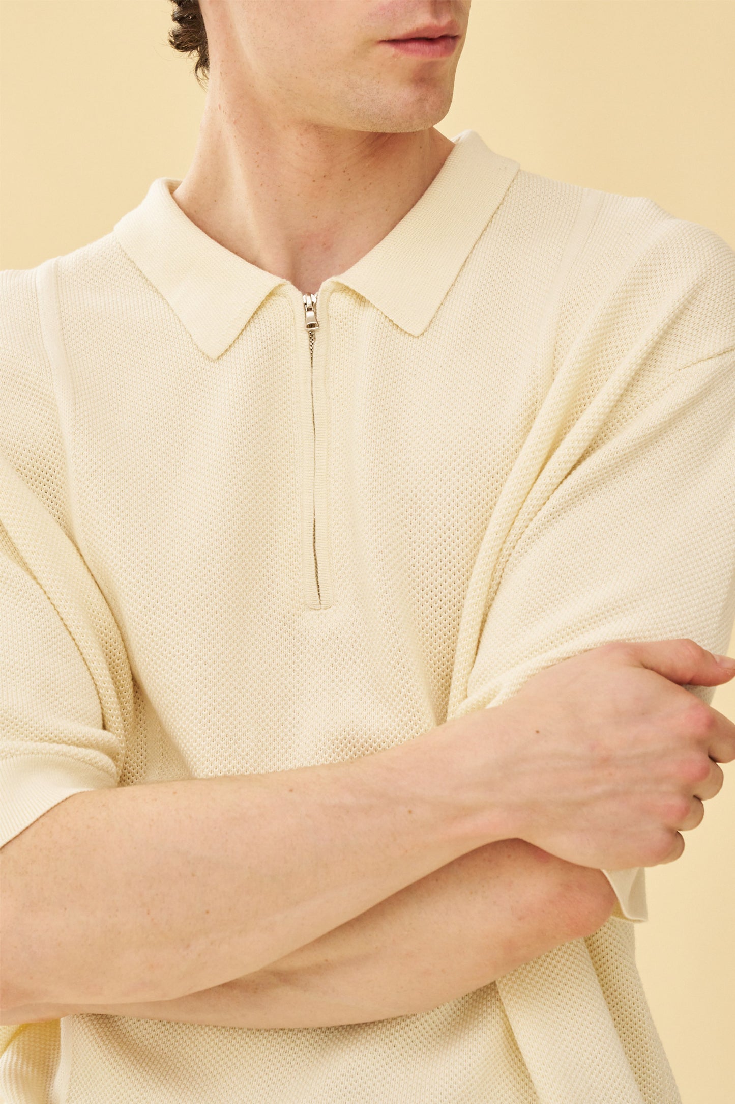 ARTHUR 1/4 ZIP WAFFLE KNIT POLO - ECRU