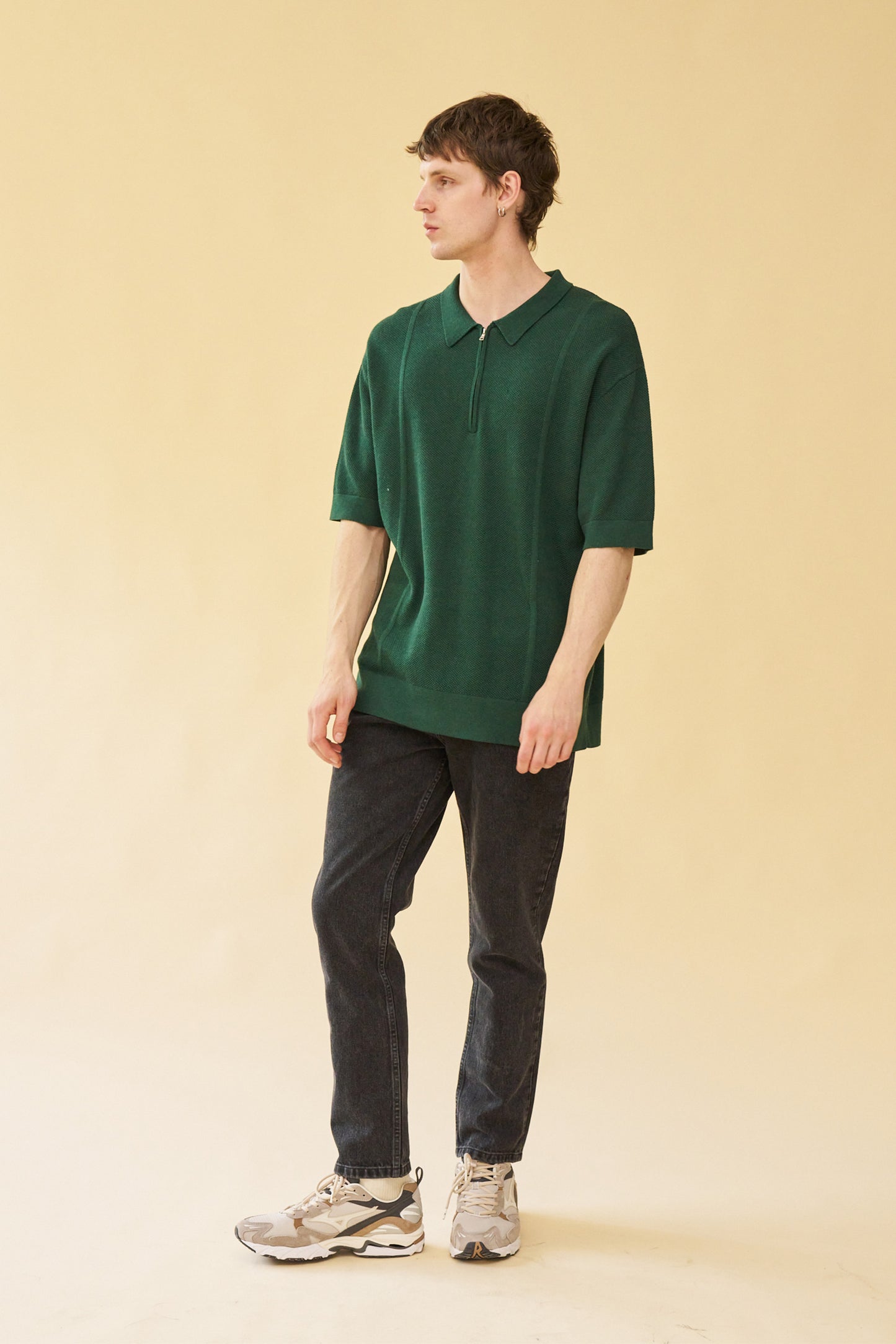 ARTHUR 1/4 ZIP WAFFLE KNIT POLO - BOTTLE GREEN