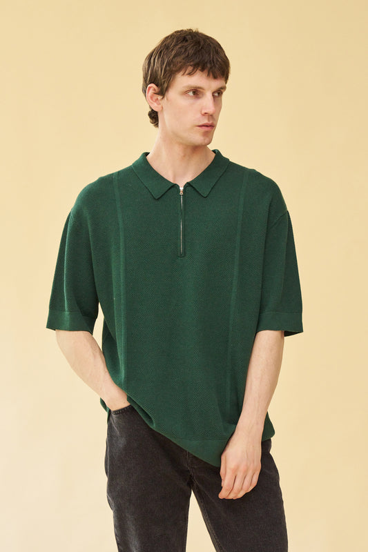 ARTHUR 1/4 ZIP WAFFLE KNIT POLO - BOTTLE GREEN