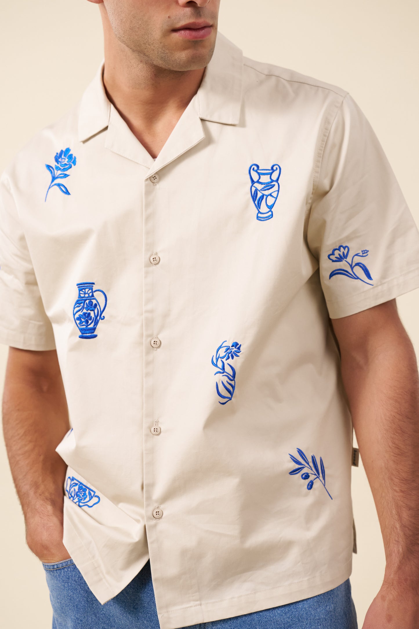 GRECIAN EMBROIDERED SHIRT - ECRU