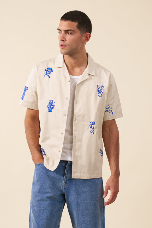 GRECIAN EMBROIDERED SHIRT - ECRU