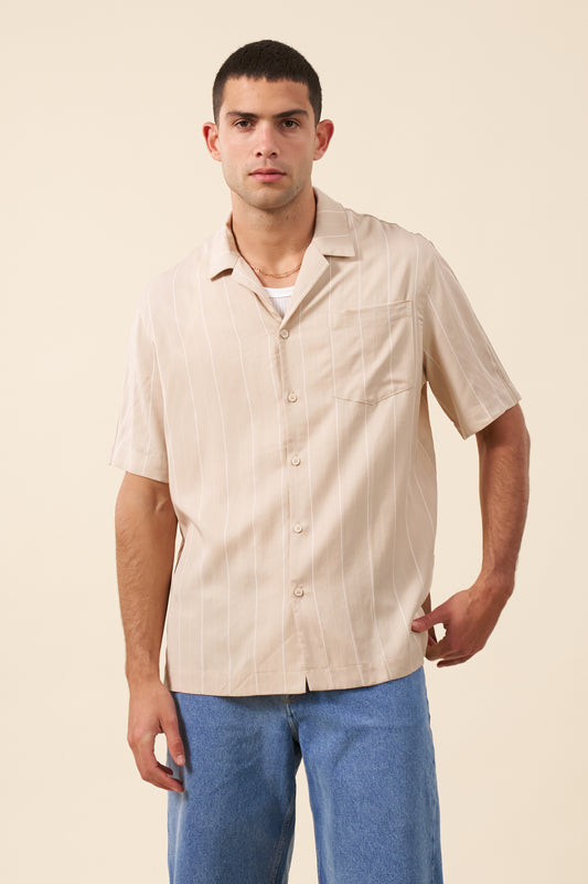 STRIPE TENCEL RAGLAN SHIRT - BEIGE