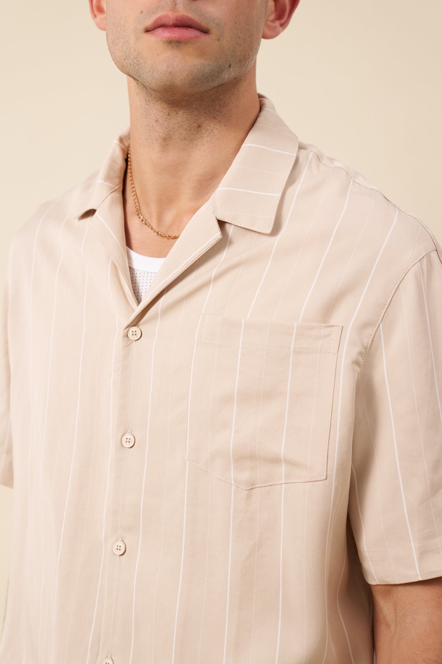 STRIPE TENCEL RAGLAN SHIRT - BEIGE