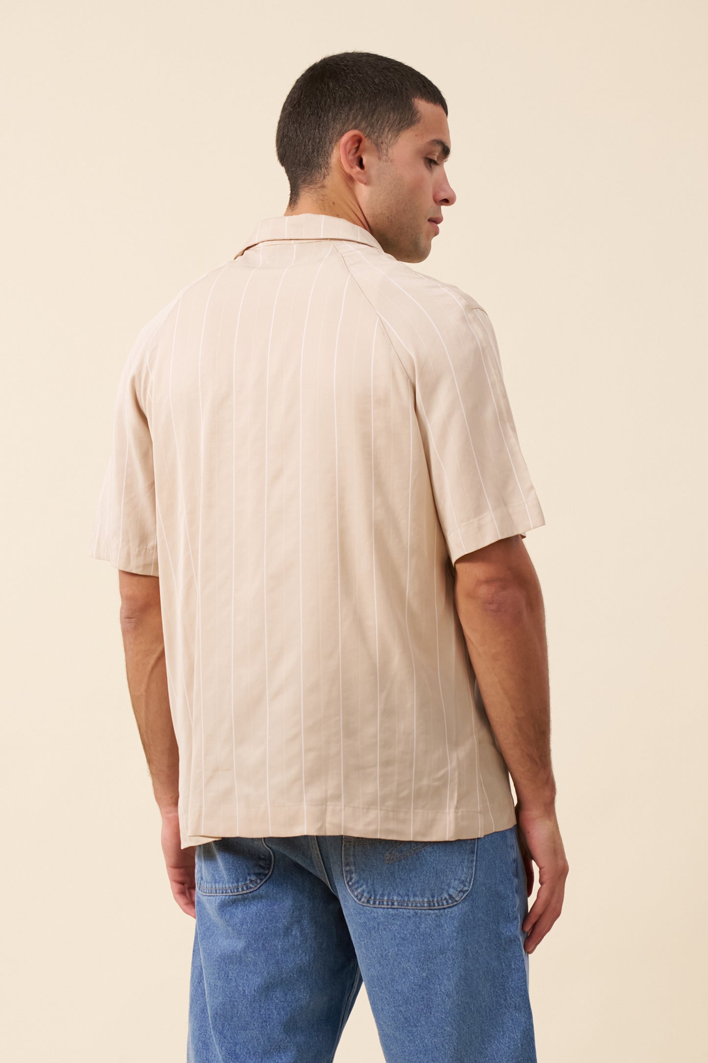 STRIPE TENCEL RAGLAN SHIRT - BEIGE