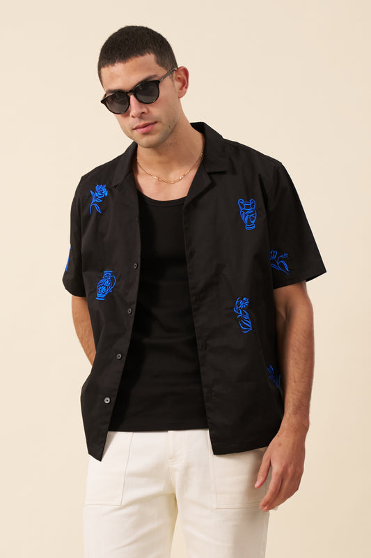 GRECIAN EMBROIDERED SHIRT - BLACK