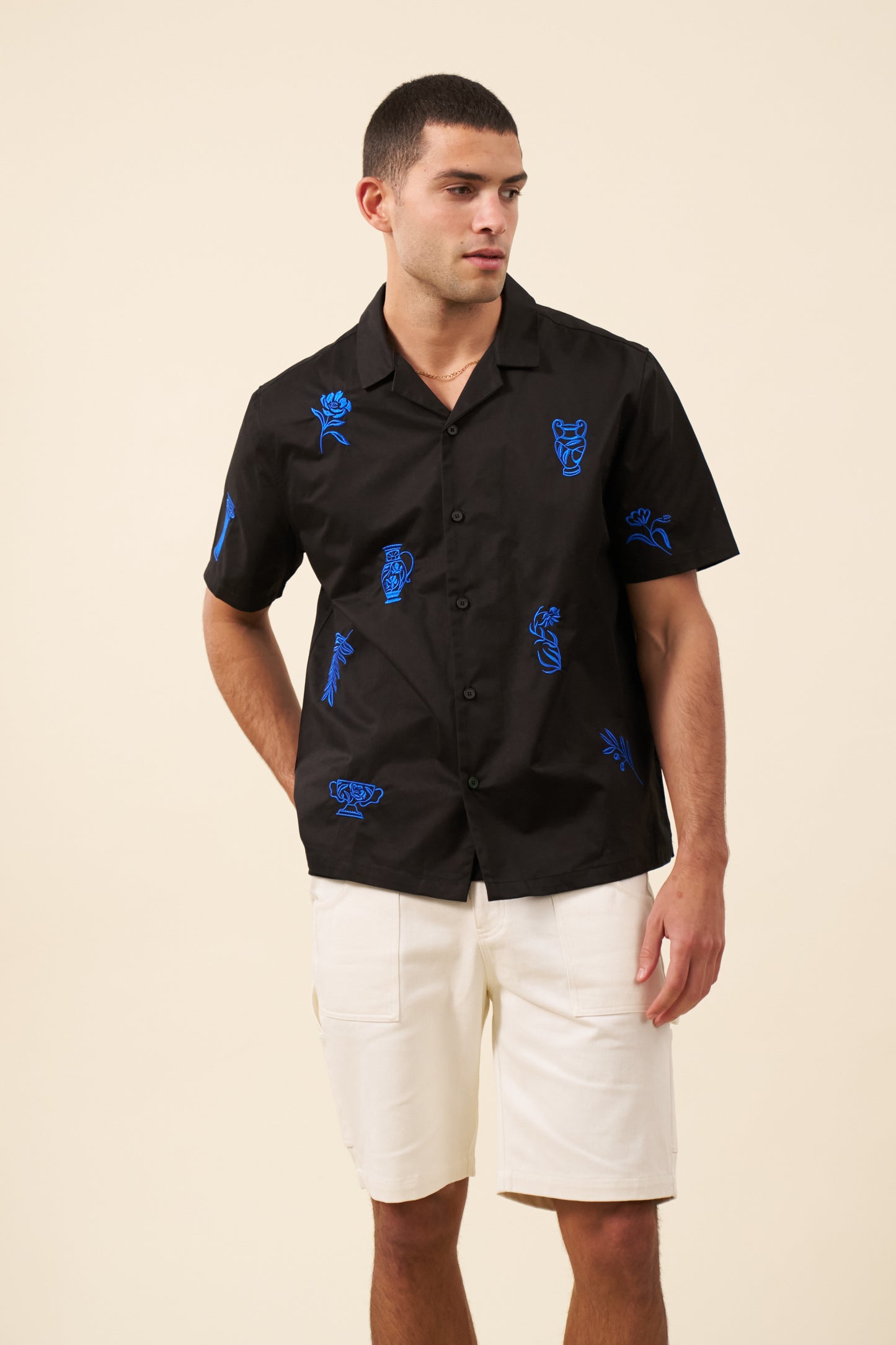 GRECIAN EMBROIDERED SHIRT - BLACK