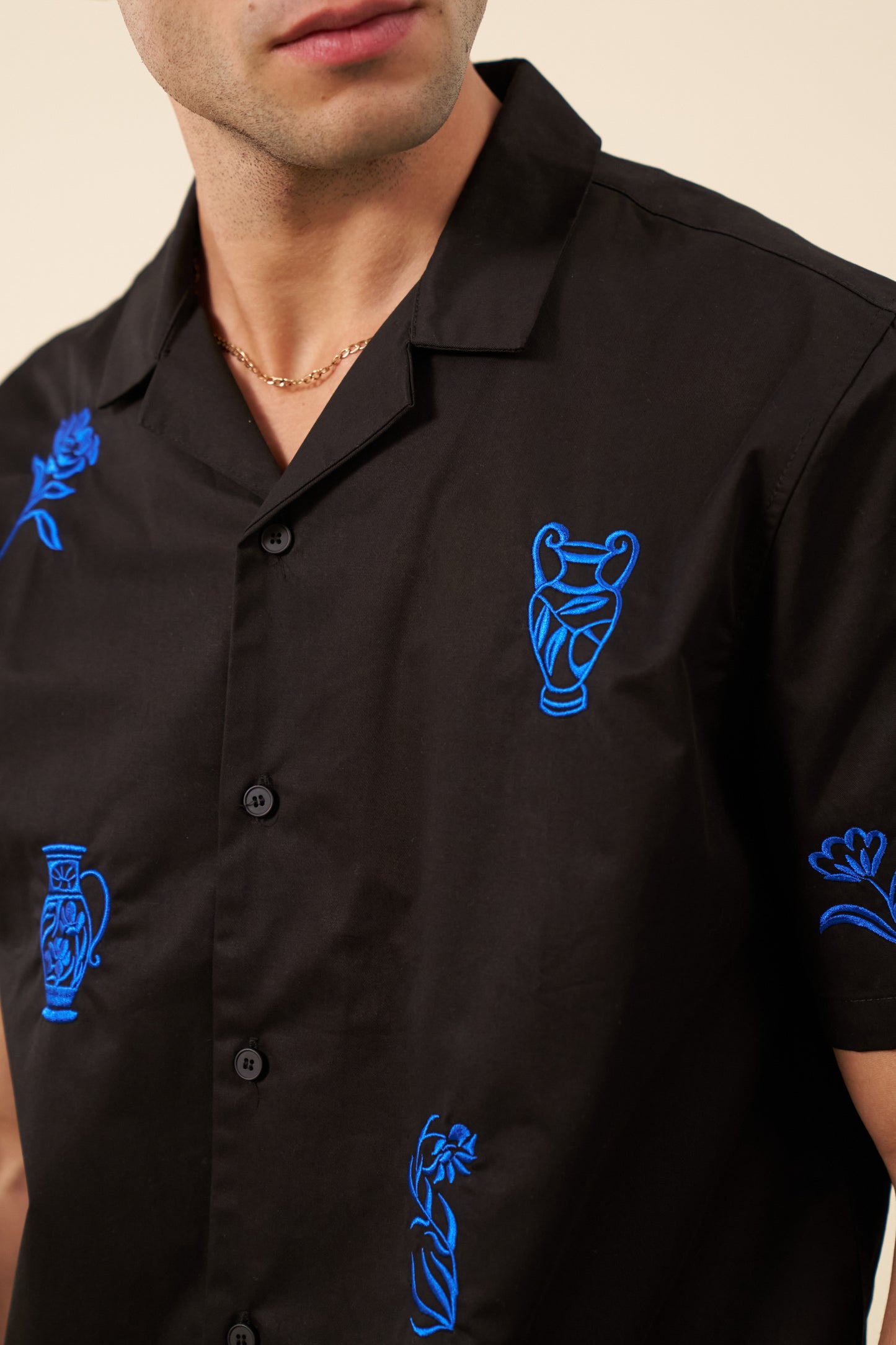 GRECIAN EMBROIDERED SHIRT - BLACK