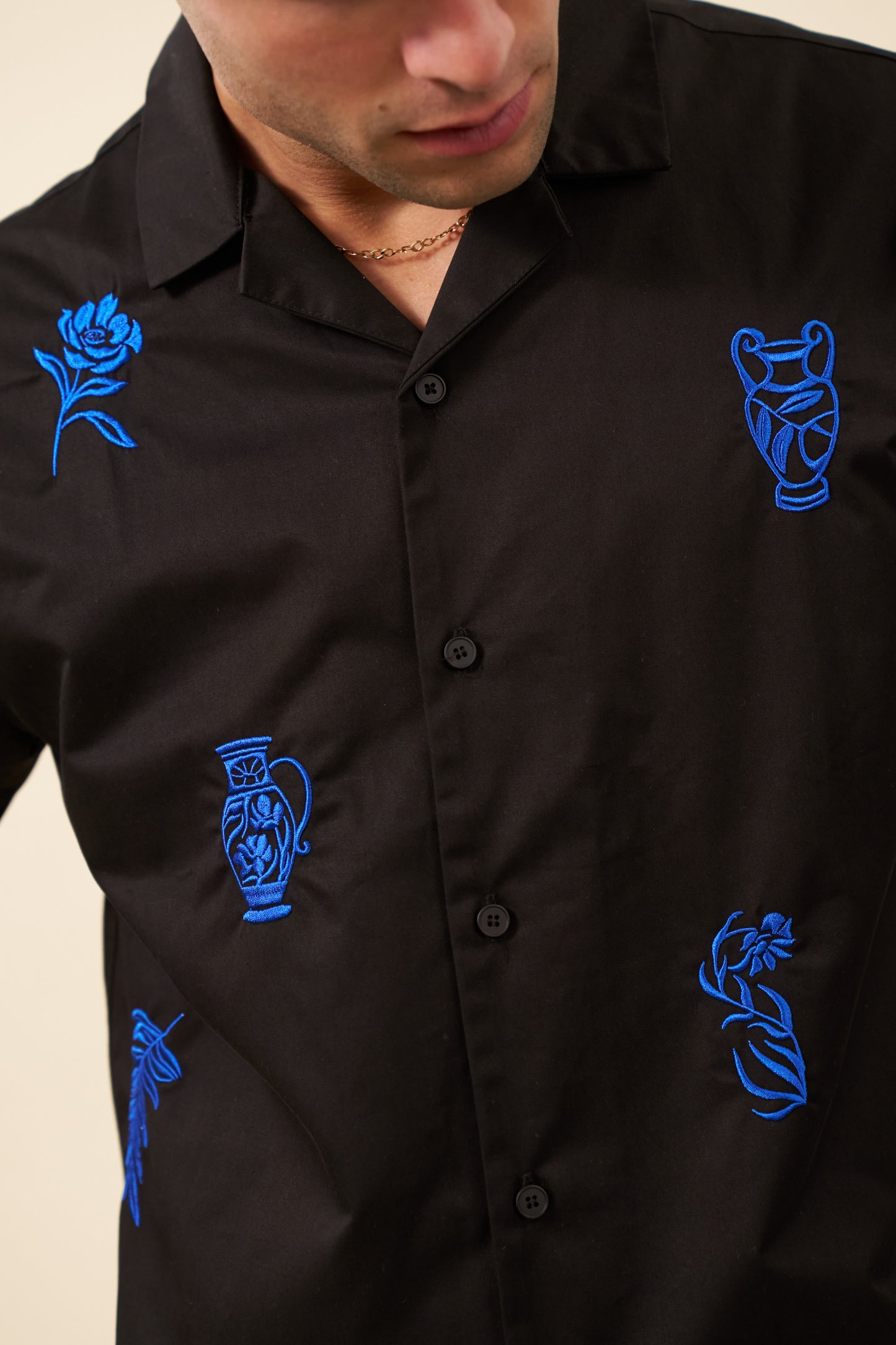 GRECIAN EMBROIDERED SHIRT - BLACK