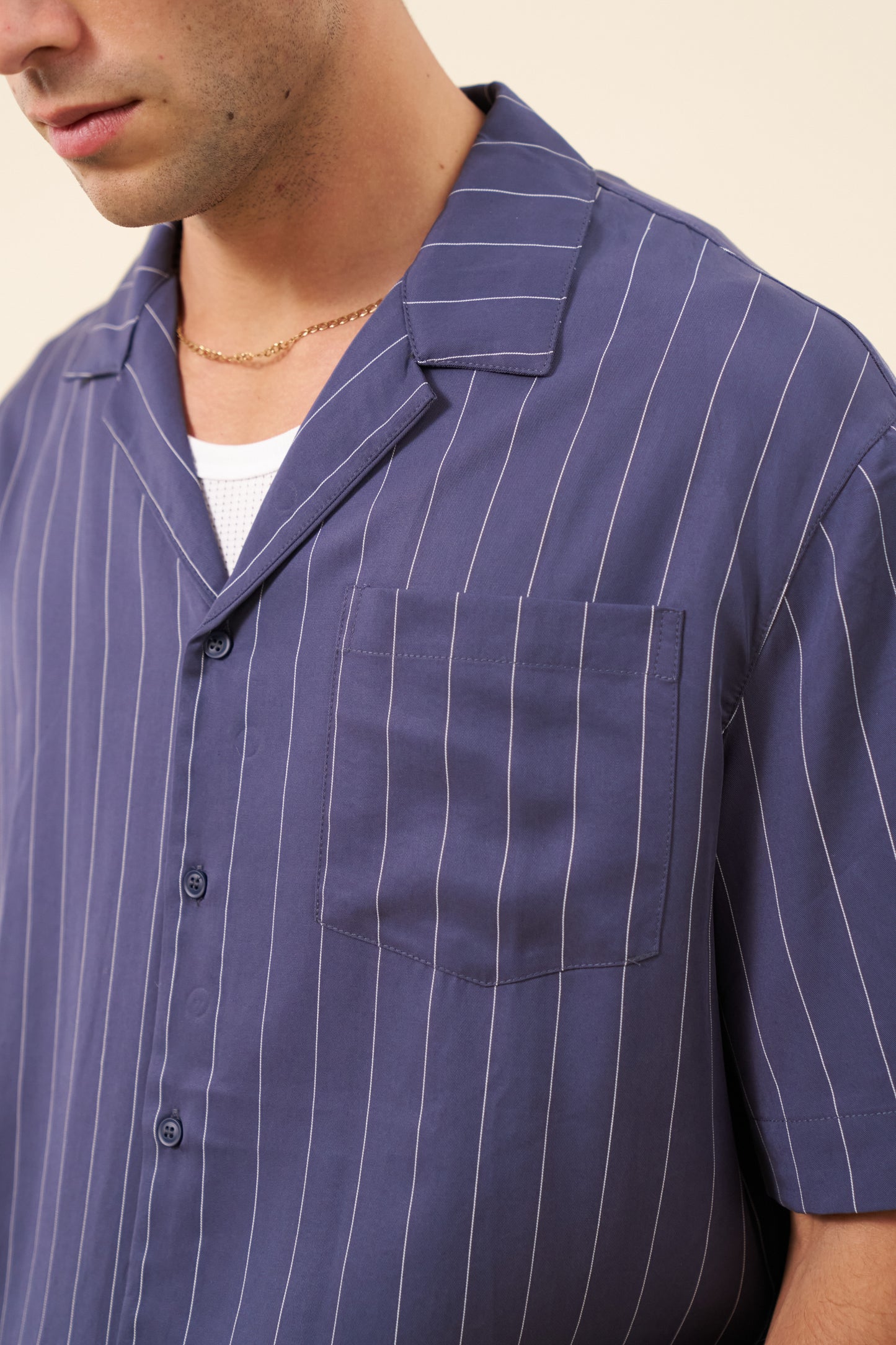STRIPE TENCEL RAGLAN SHIRT - NAVY