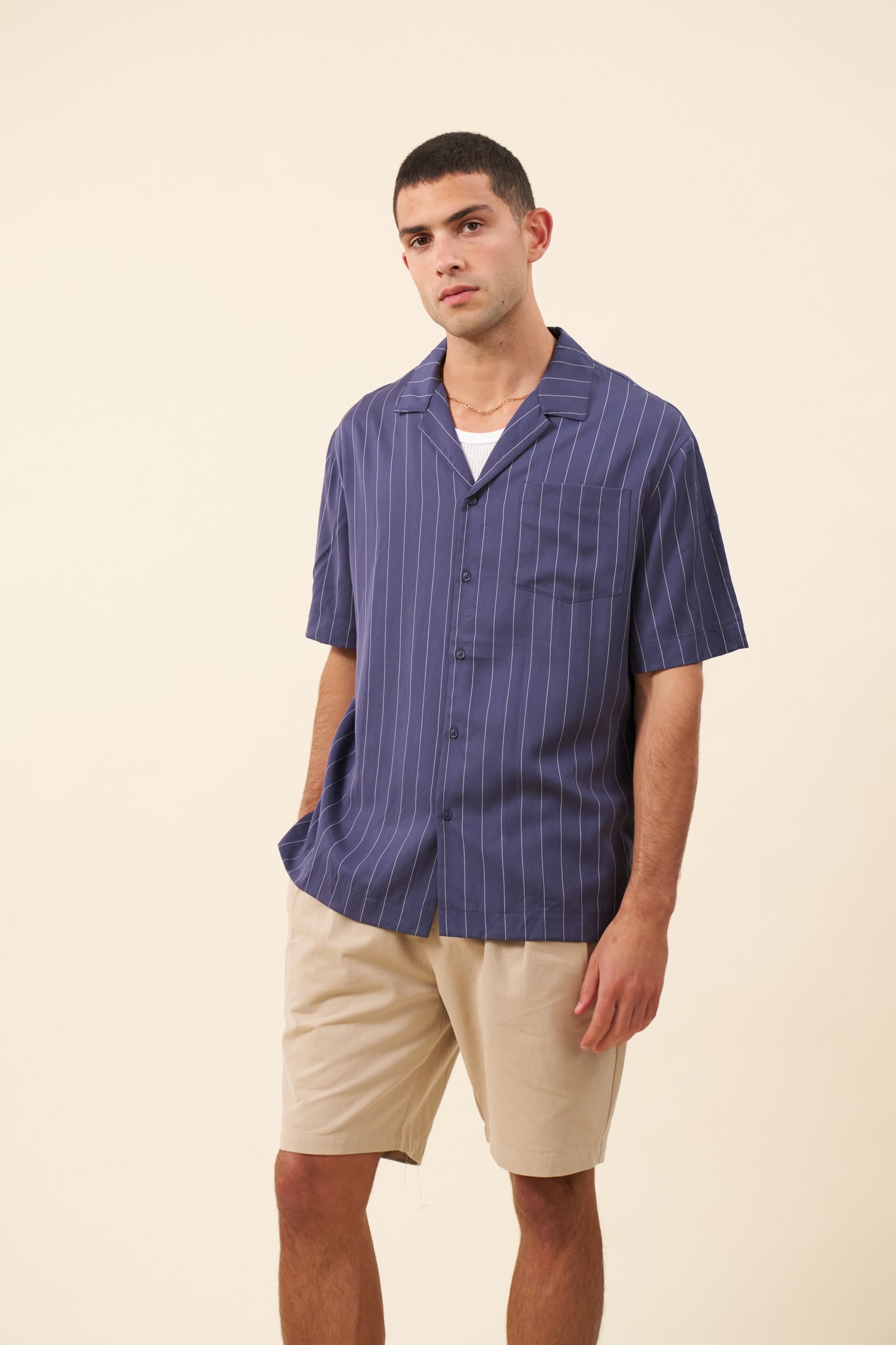 STRIPE TENCEL RAGLAN SHIRT - NAVY