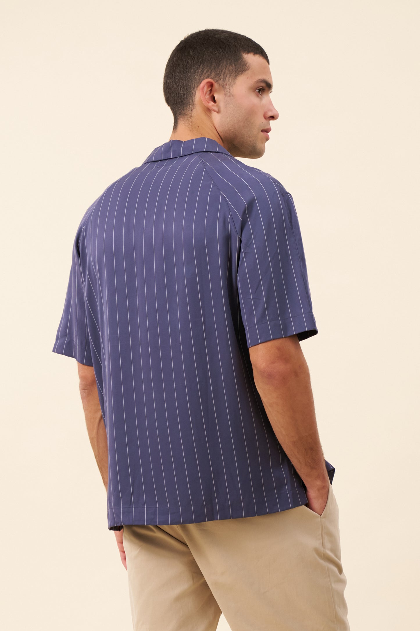 STRIPE TENCEL RAGLAN SHIRT - NAVY