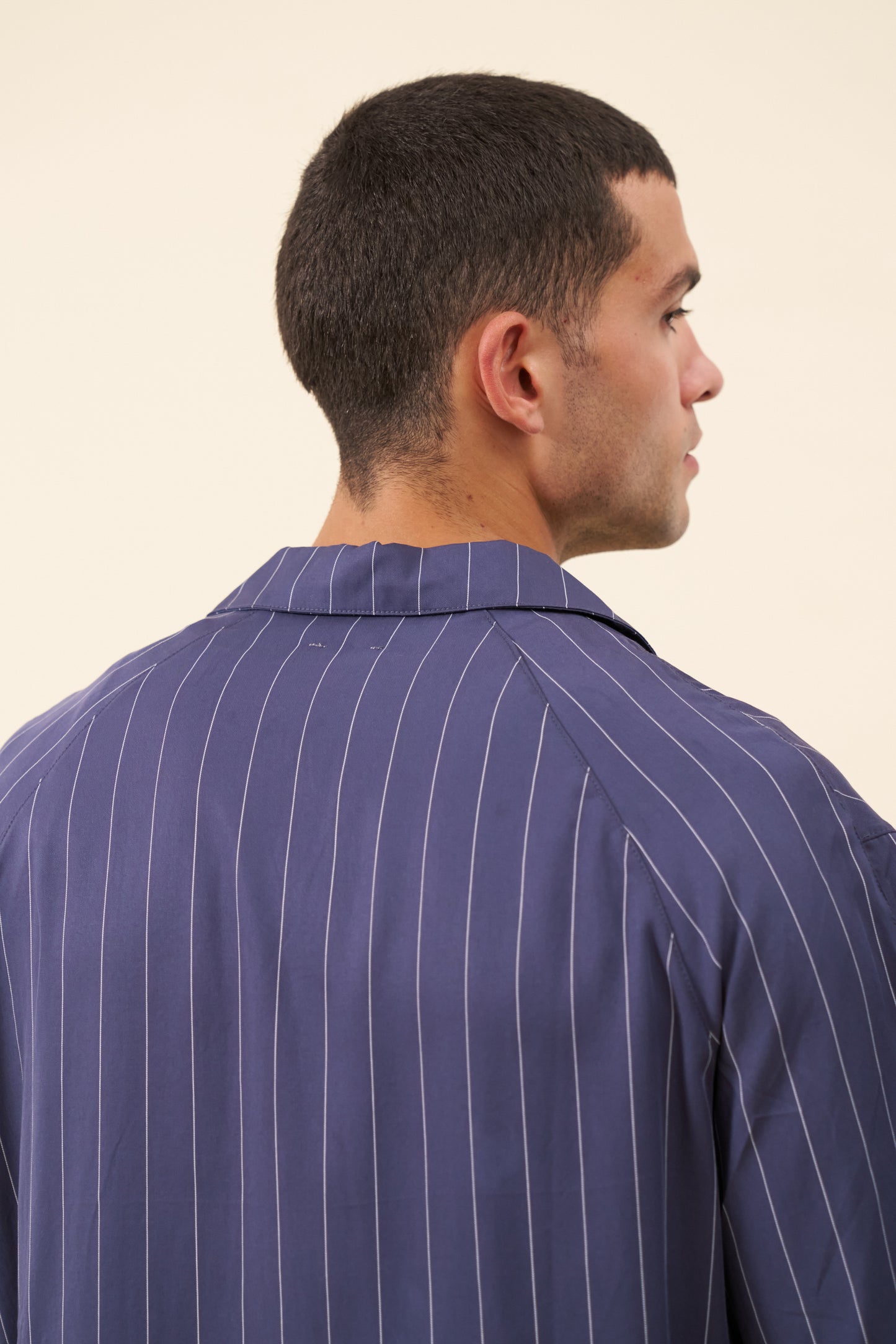 STRIPE TENCEL RAGLAN SHIRT - NAVY