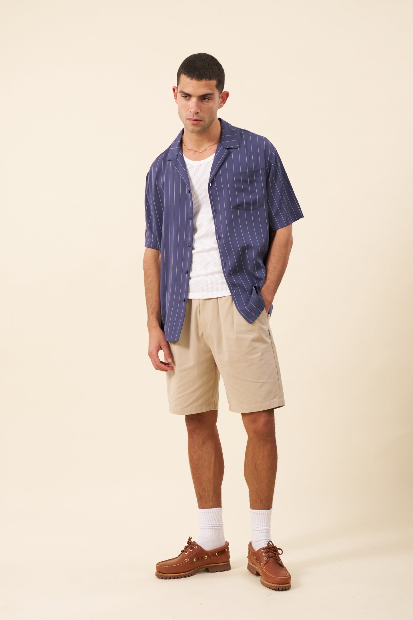 STRIPE TENCEL RAGLAN SHIRT - NAVY