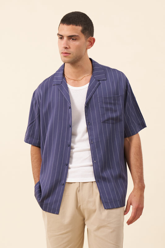 STRIPE TENCEL RAGLAN SHIRT - NAVY