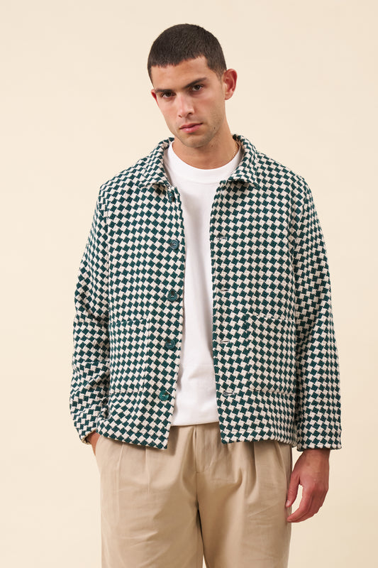 CHECKERED WOVEN OVERSHIRT - BOTTLE GREEN