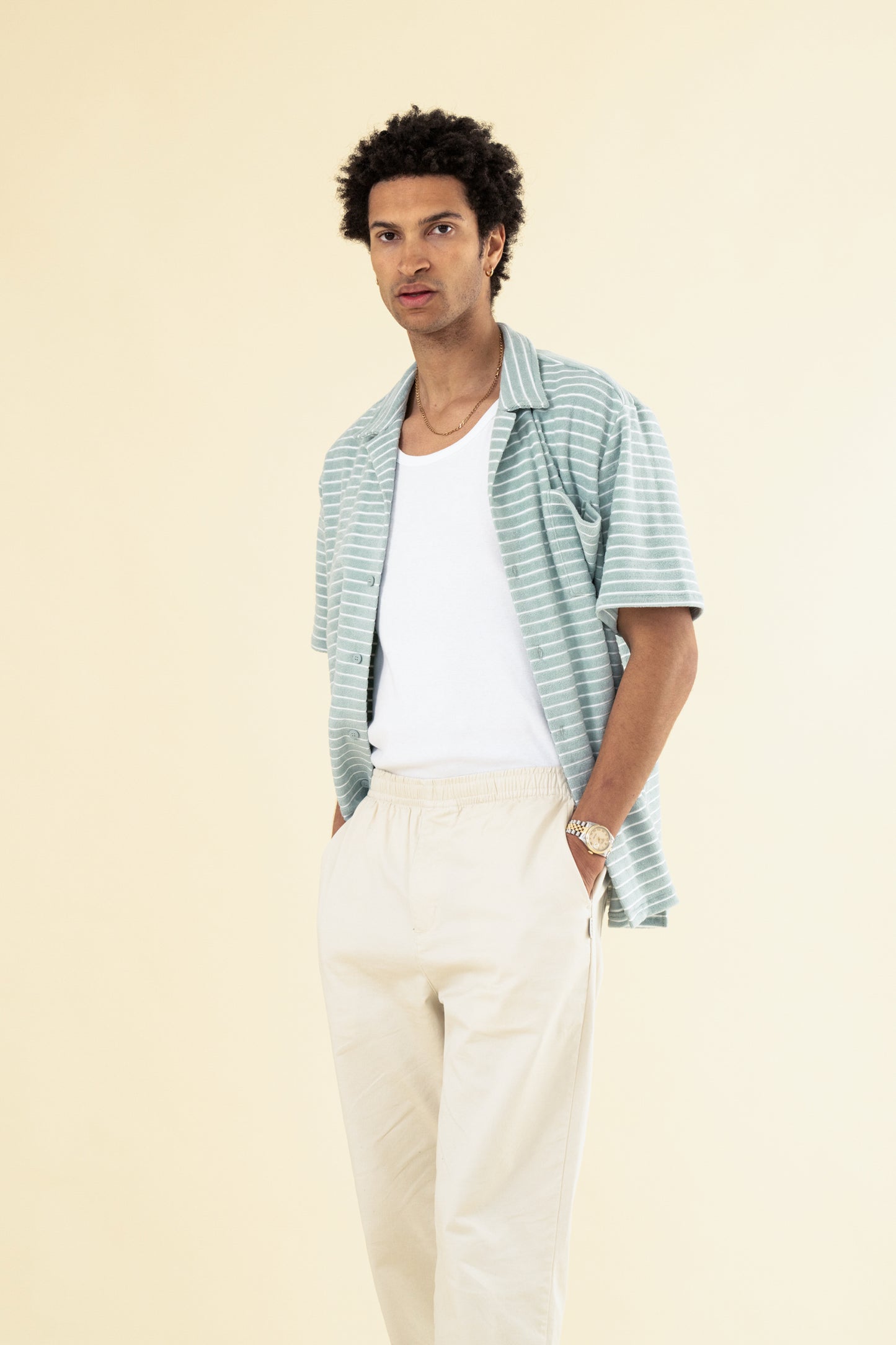 STRIPE TERRY TOWEL SS COTTON SHIRT - LIGHT BLUE