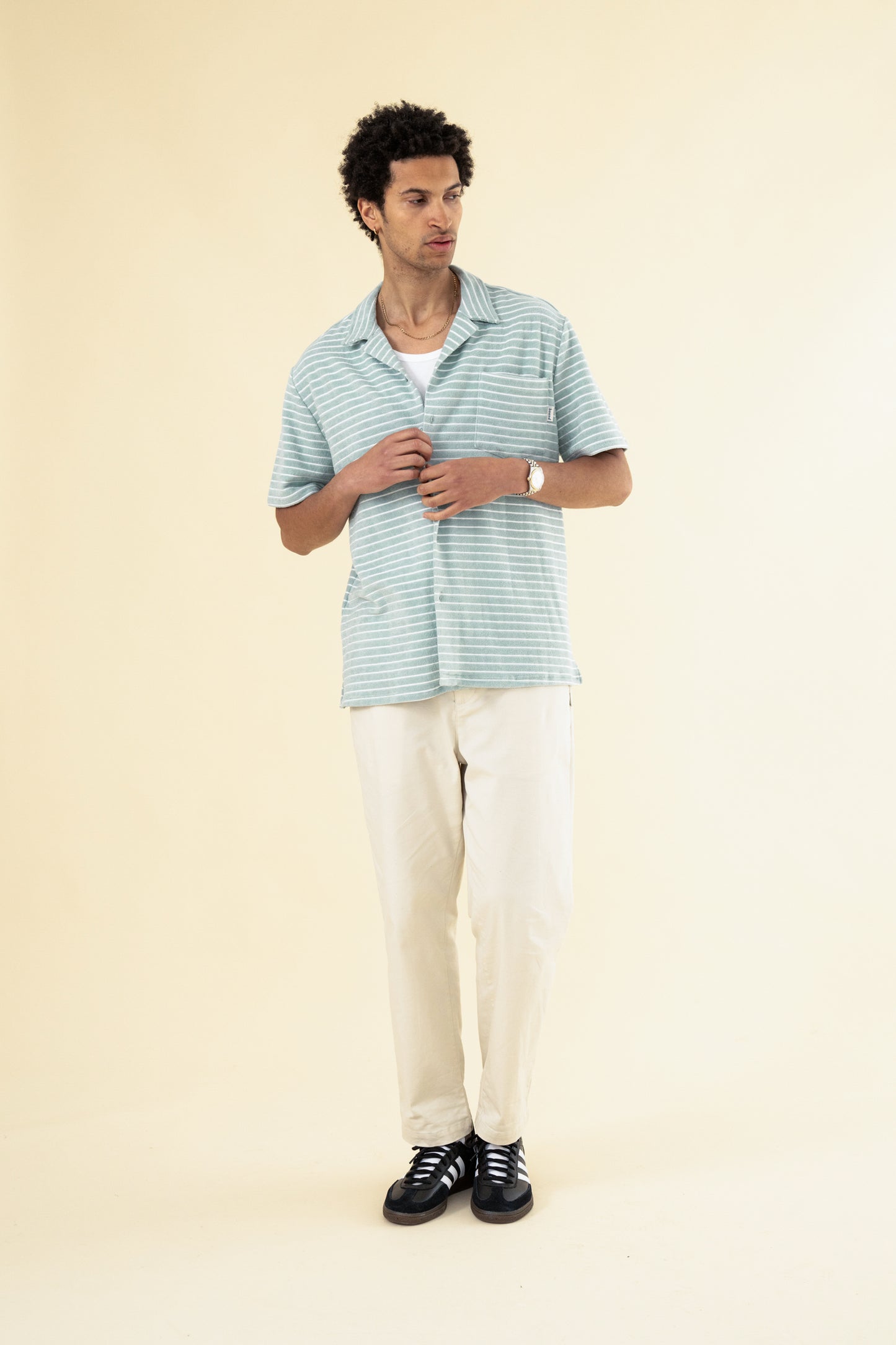 STRIPE TERRY TOWEL SS COTTON SHIRT - LIGHT BLUE