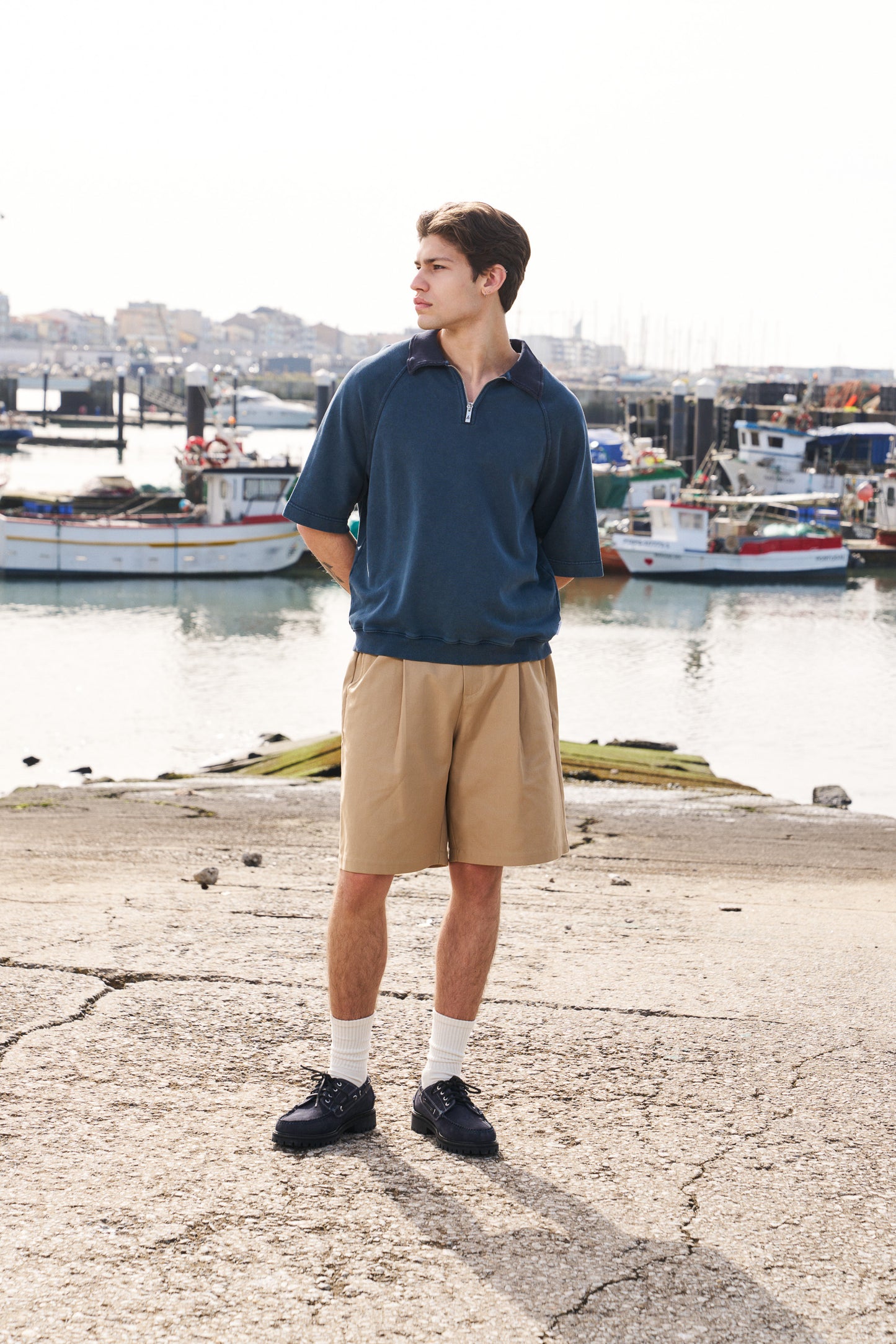 SNOW WASHED 1/4 ZIP JERSEY POLO - PETROL NAVY