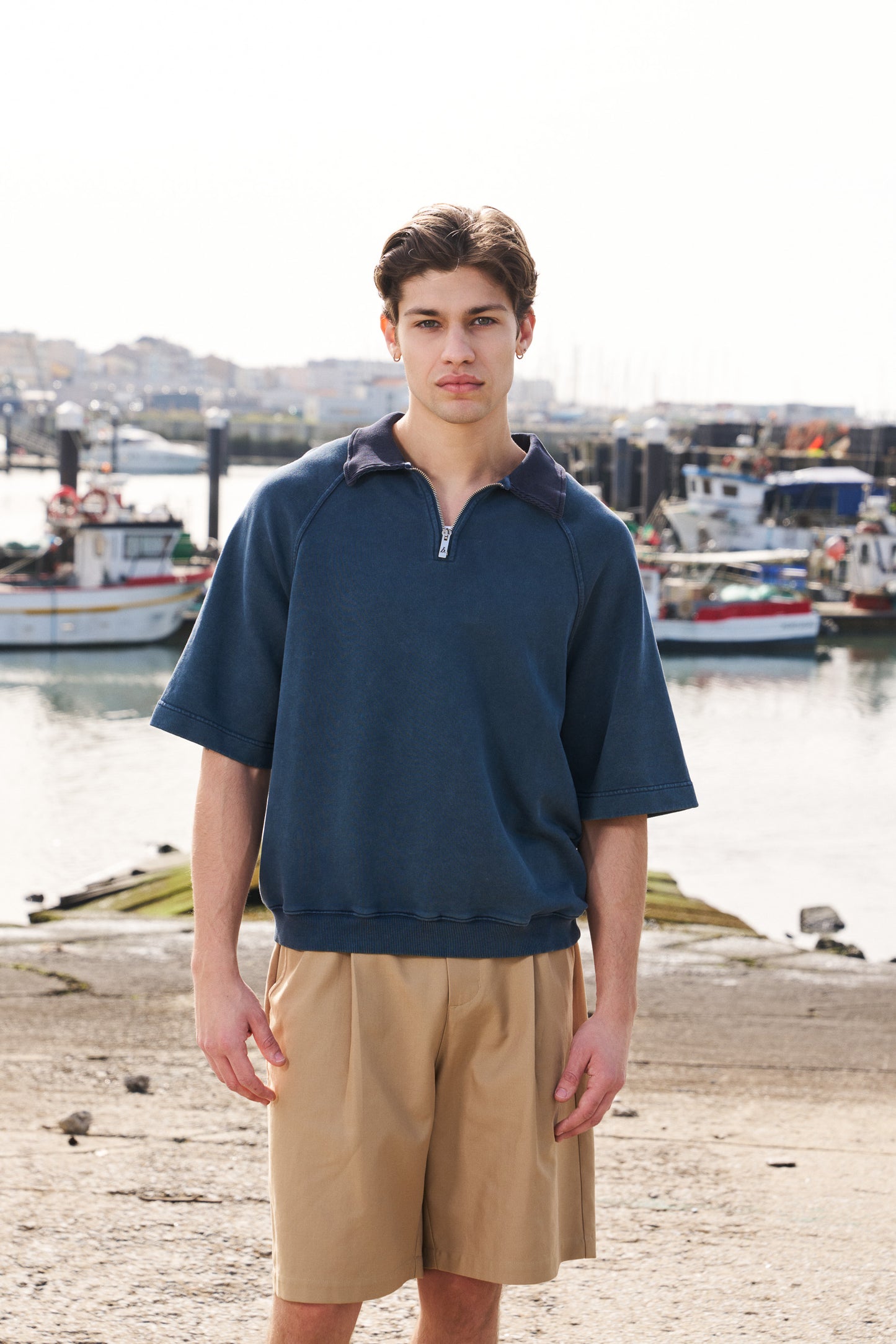 SNOW WASHED 1/4 ZIP JERSEY POLO - PETROL NAVY