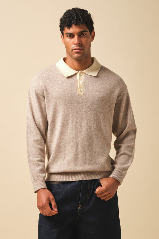 WOOL GRANDAD POLO - STONE