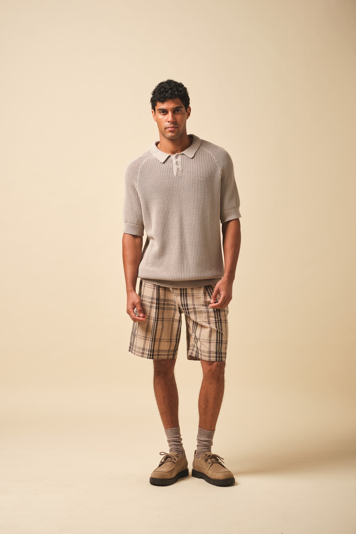 CROCHET KNIT POLO - STONE