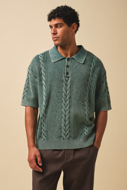CABLE KNIT VINTAGE KNIT POLO - WASHED GREEN