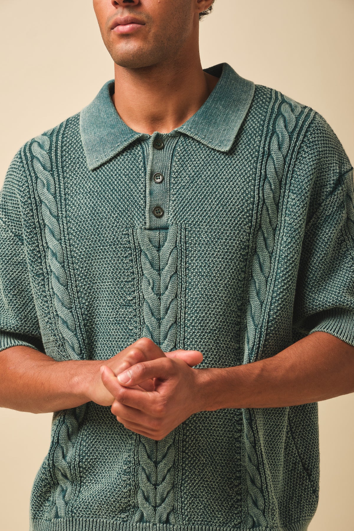 CABLE KNIT VINTAGE KNIT POLO - WASHED GREEN