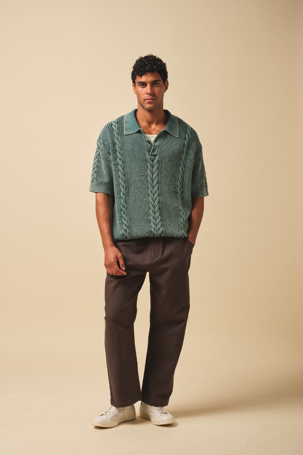 CABLE KNIT VINTAGE KNIT POLO - WASHED GREEN