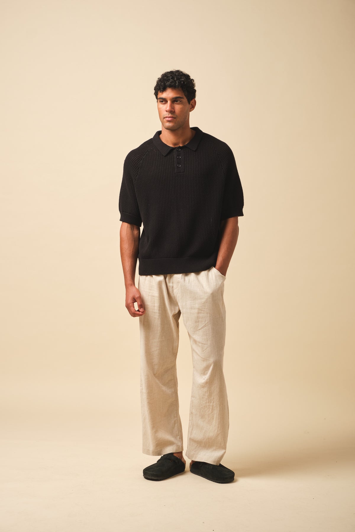 CROCHET KNIT POLO - BLACK