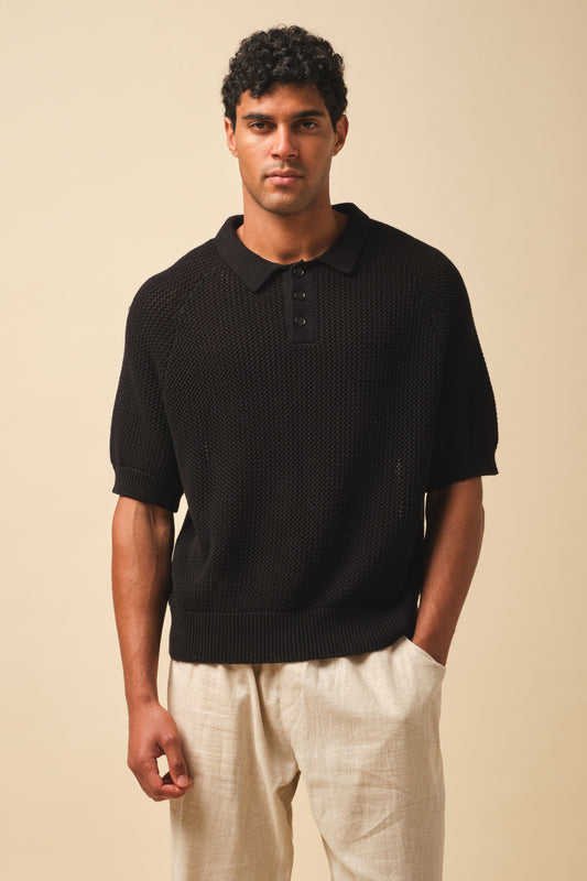 CROCHET KNIT POLO - BLACK