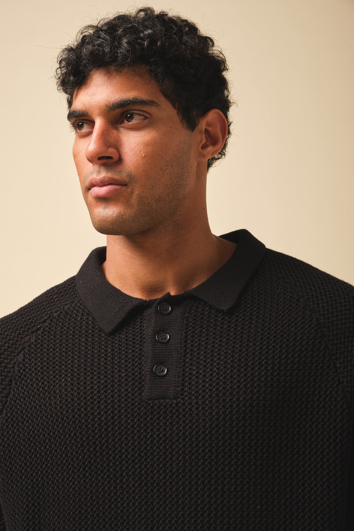CROCHET KNIT POLO - BLACK