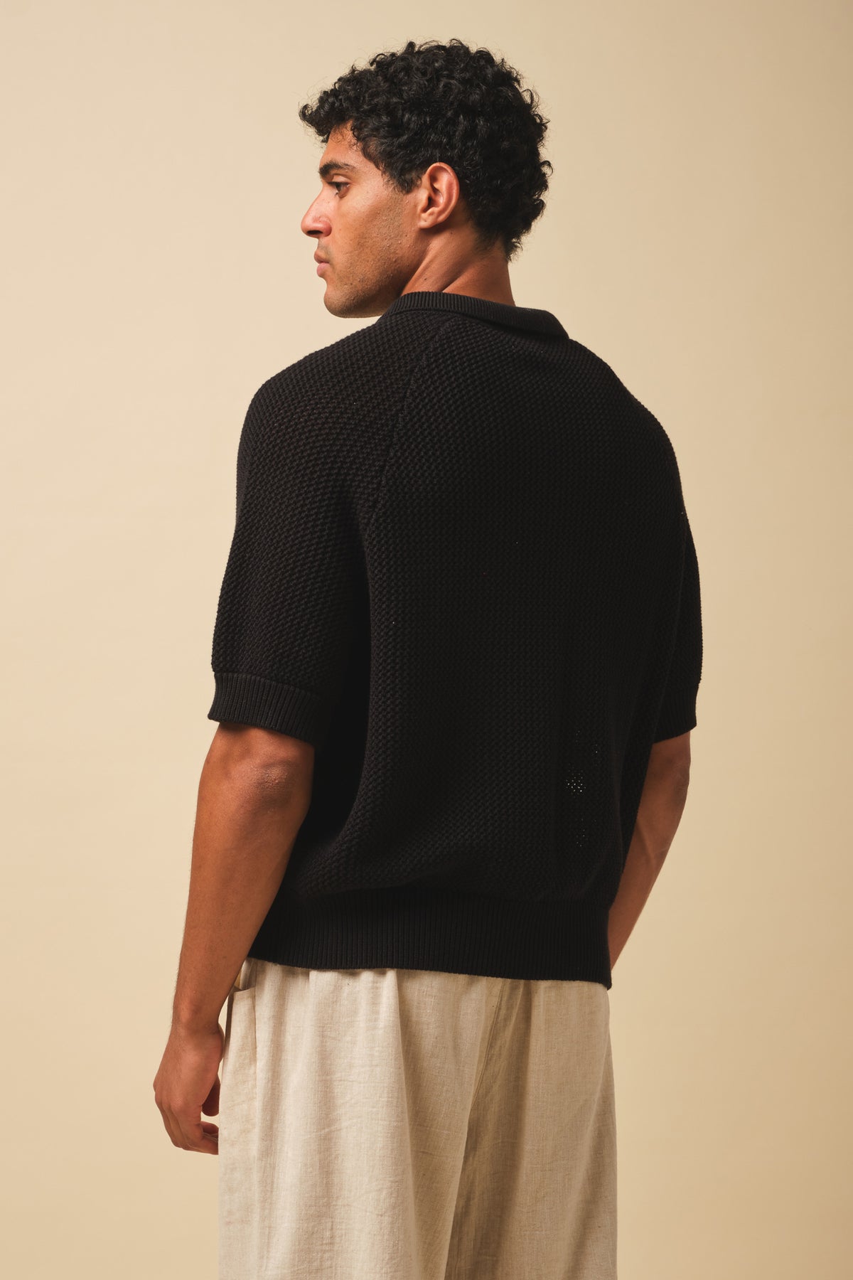 CROCHET KNIT POLO - BLACK