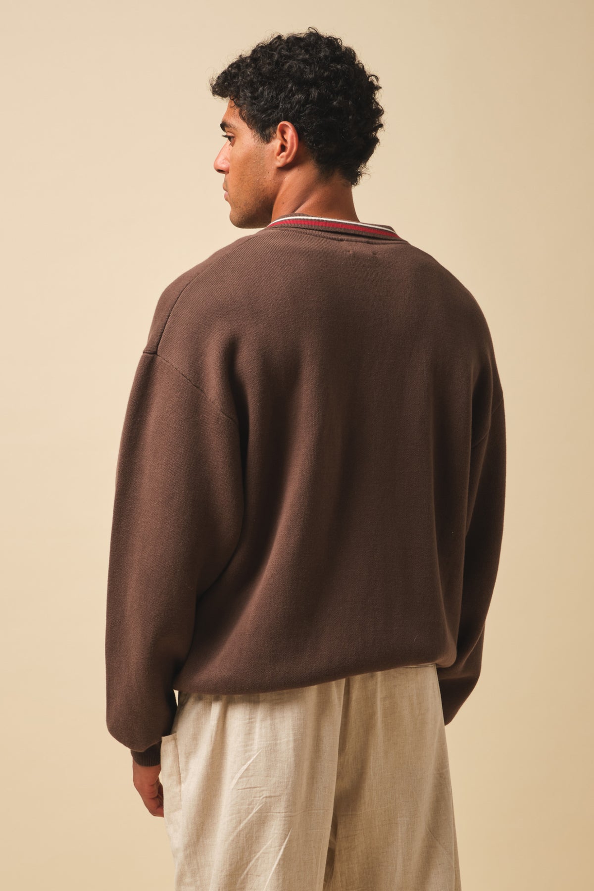 RETRO DISC KNIT FULL ZIP POLO - BROWN