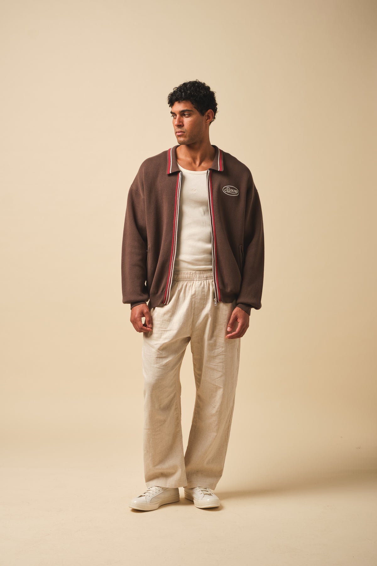 RETRO DISC KNIT FULL ZIP POLO - BROWN