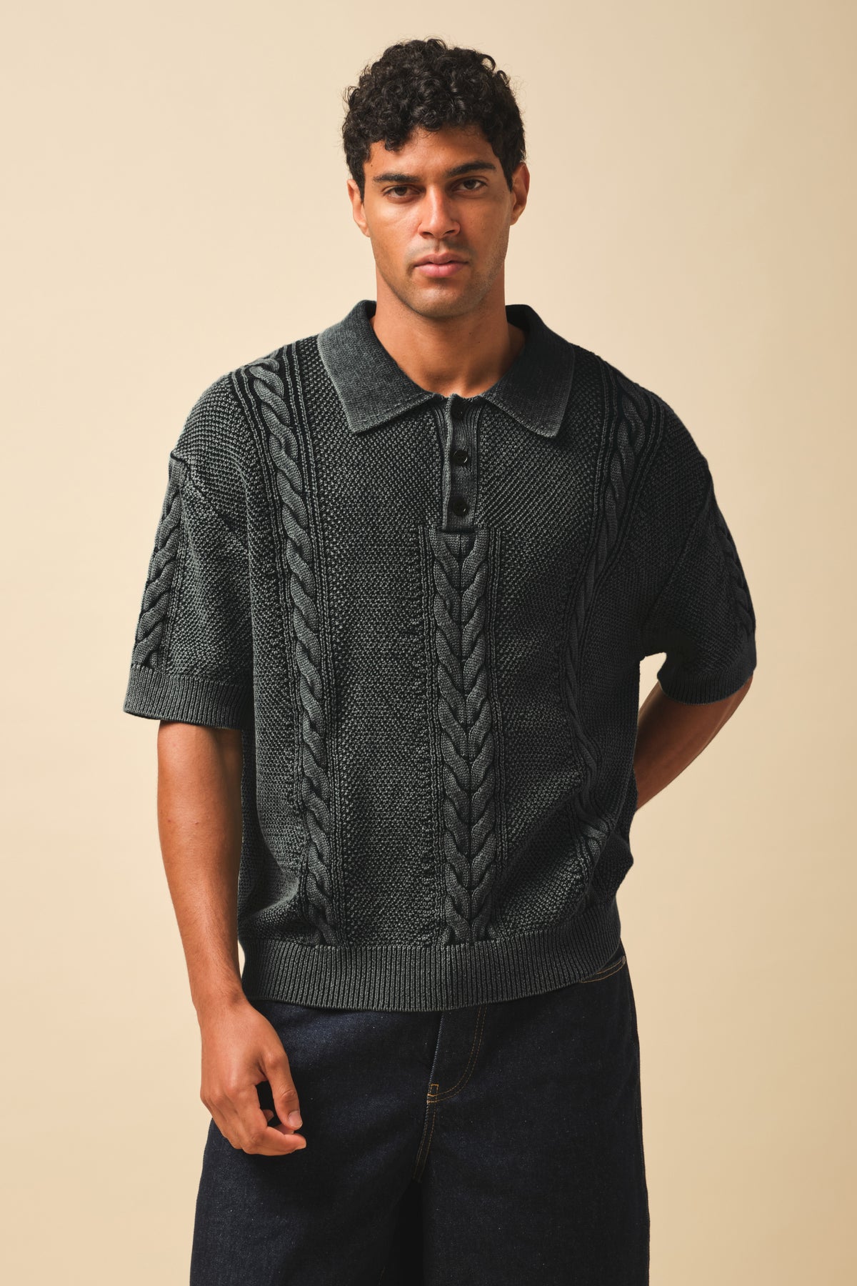 CABLE KNIT VINTAGE KNIT POLO - WASHED BLACK