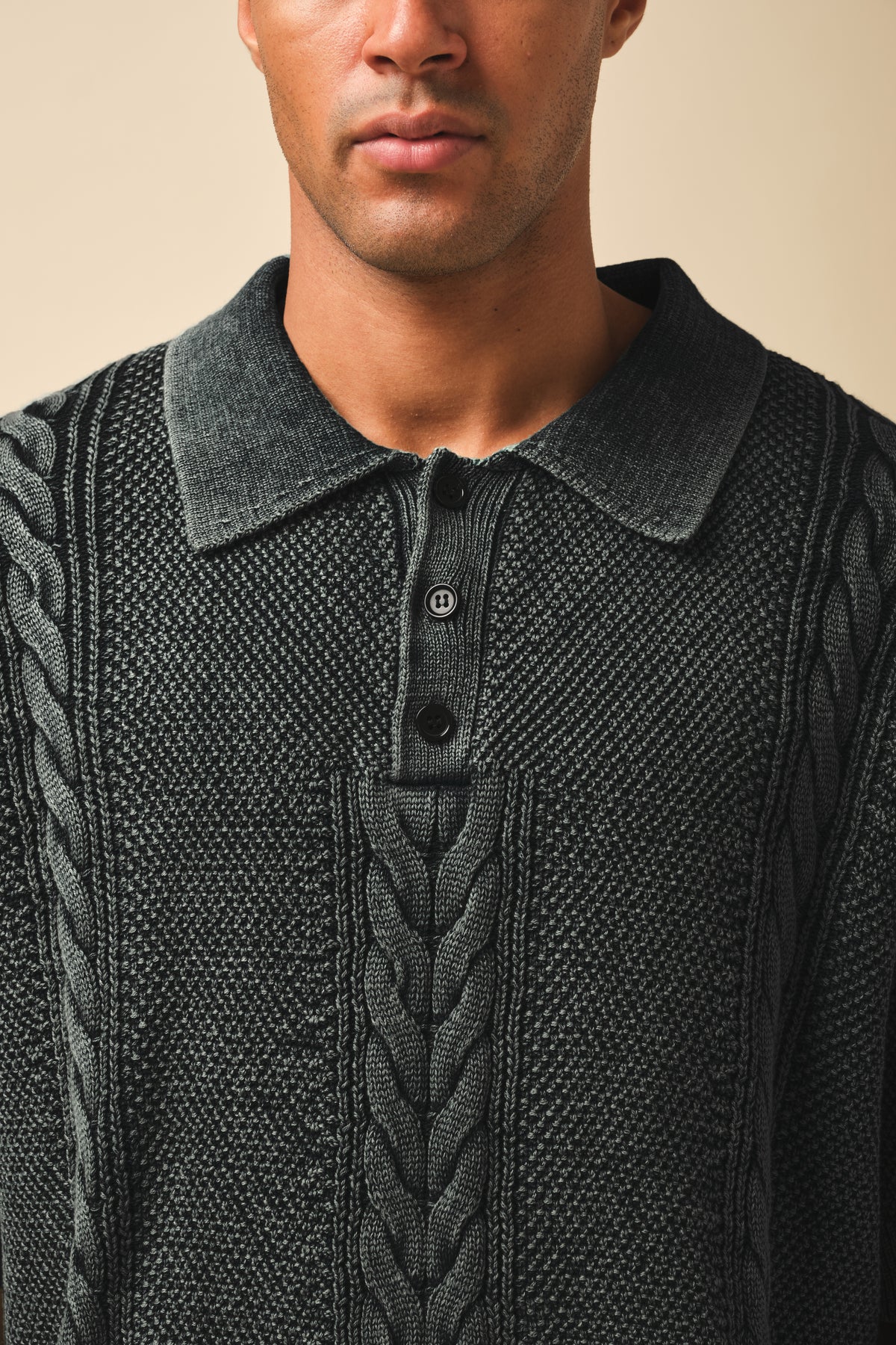 CABLE KNIT VINTAGE KNIT POLO - WASHED BLACK