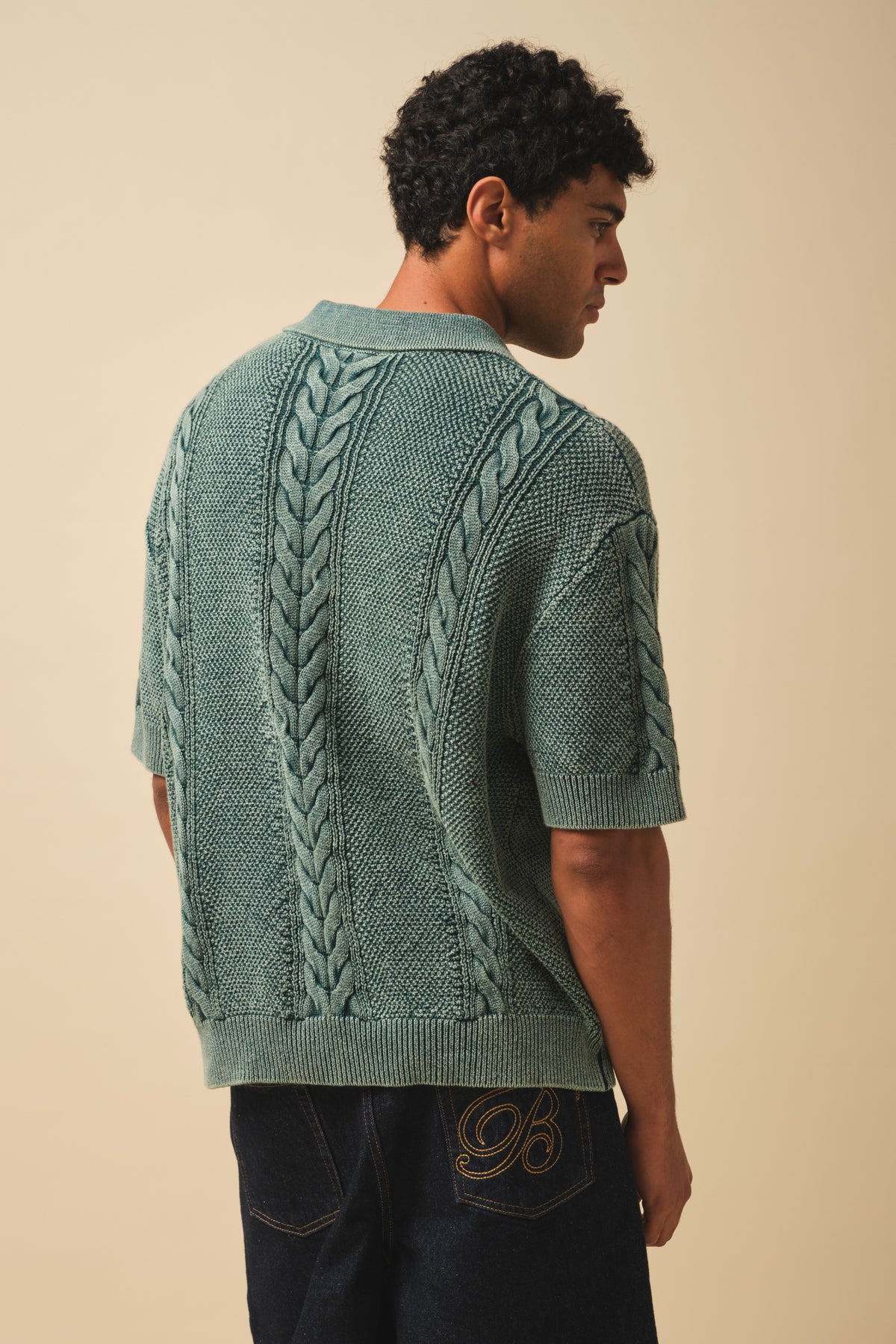 CABLE KNIT VINTAGE KNIT POLO - WASHED GREEN