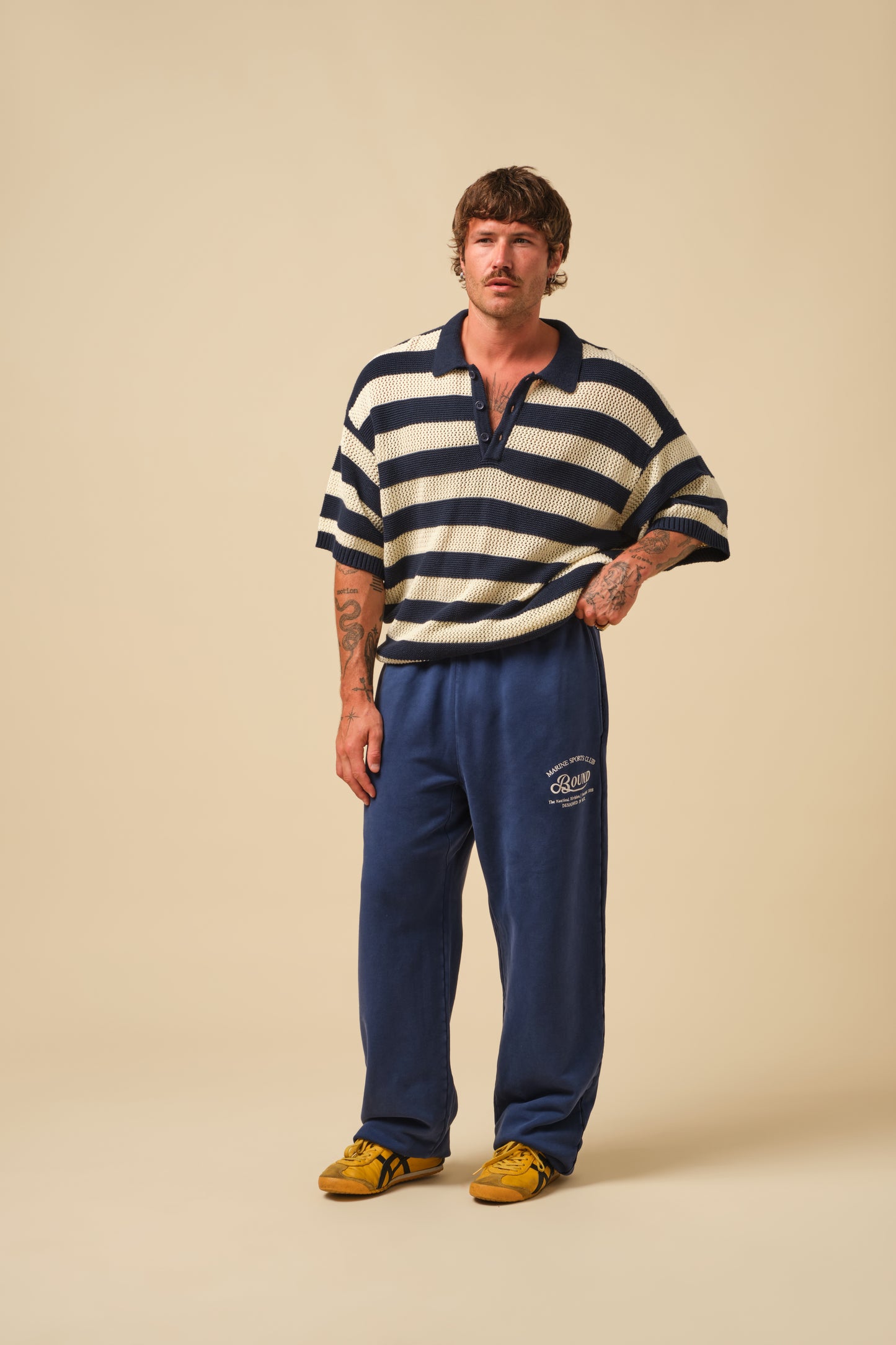 FREDDIE MARINE WAFFLE STRIPE KNIT POLO
