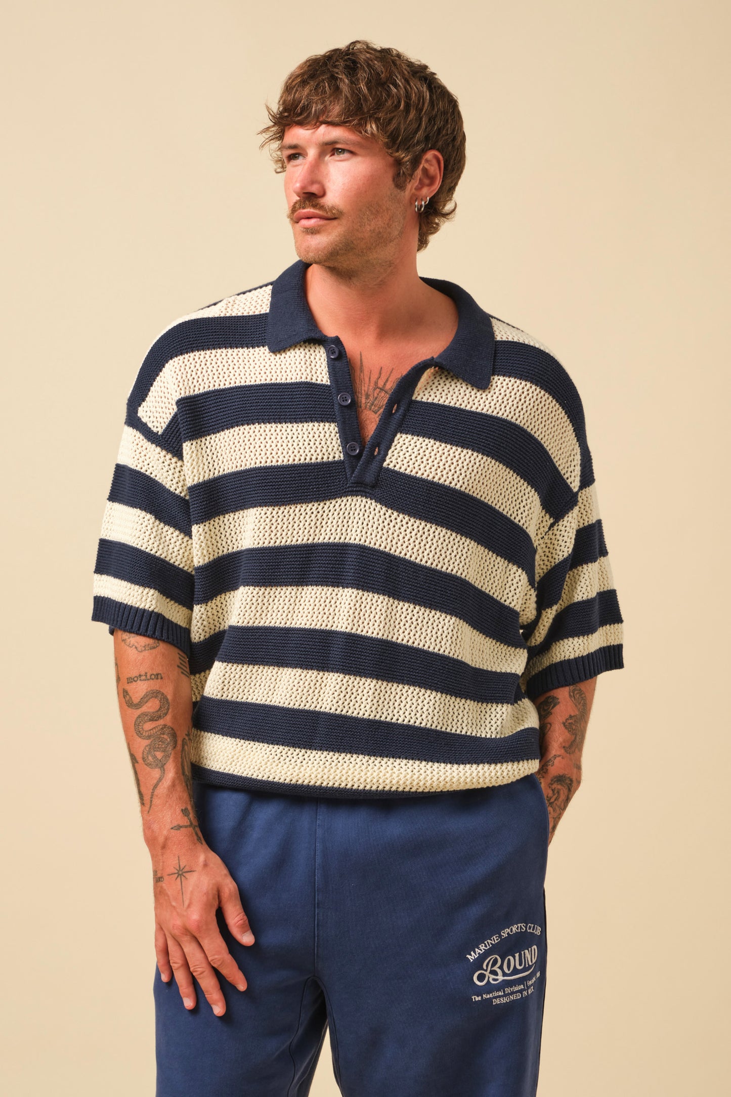 FREDDIE MARINE WAFFLE STRIPE KNIT POLO