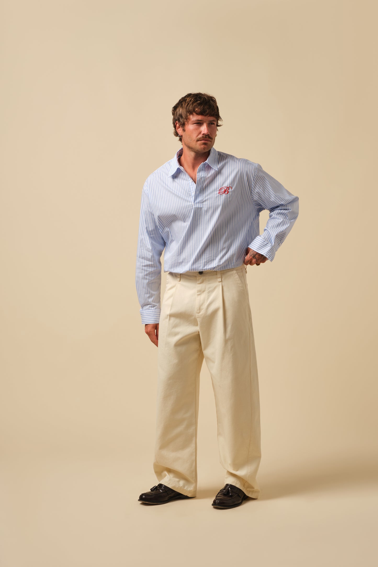 FREDDIE STRIPE OXFORD COTTON HALF BUTTON SHIRT - WHITE BLUE