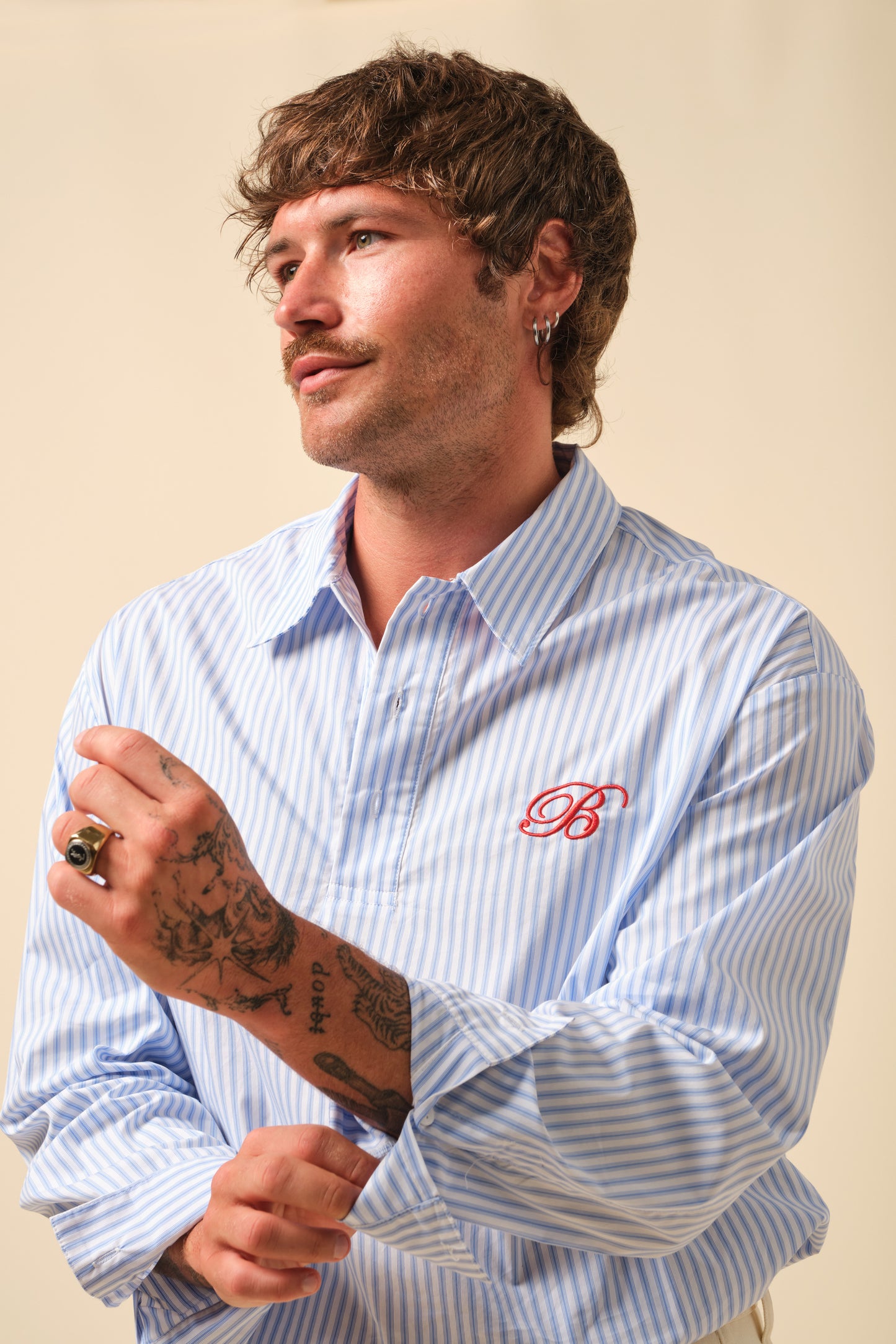 FREDDIE STRIPE OXFORD COTTON HALF BUTTON SHIRT - WHITE BLUE
