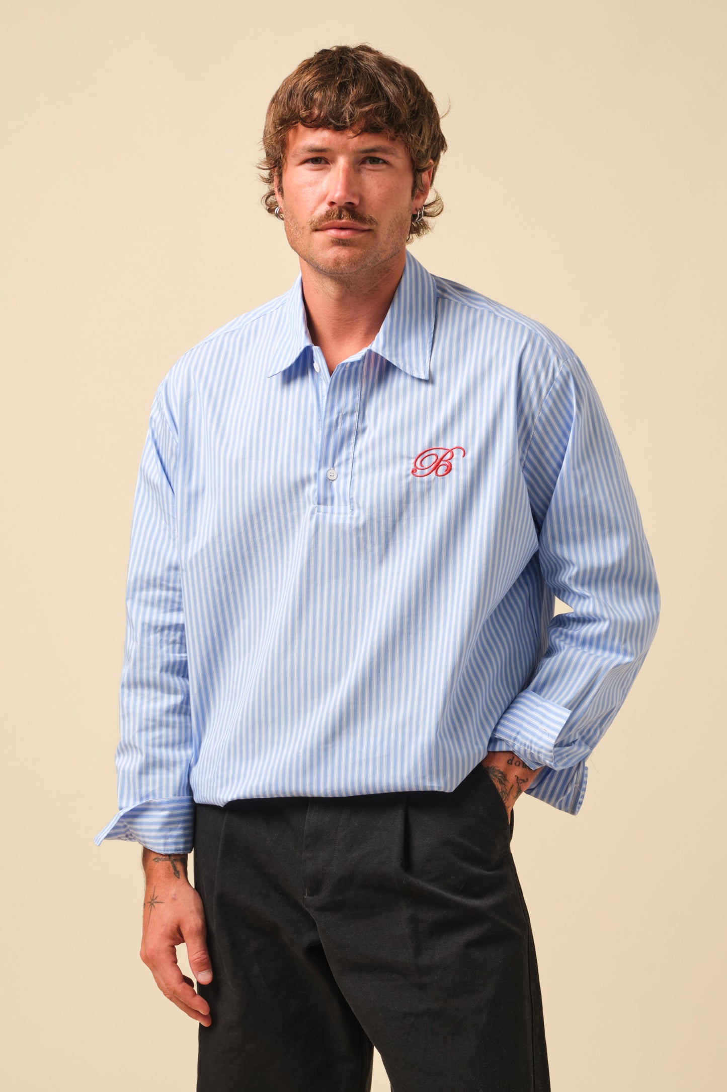 FREDDIE STRIPE OXFORD COTTON HALF BUTTON SHIRT - MID BLUE