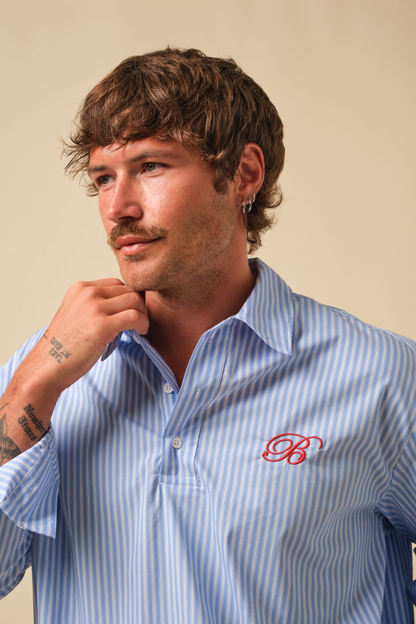 FREDDIE STRIPE OXFORD COTTON HALF BUTTON SHIRT - MID BLUE