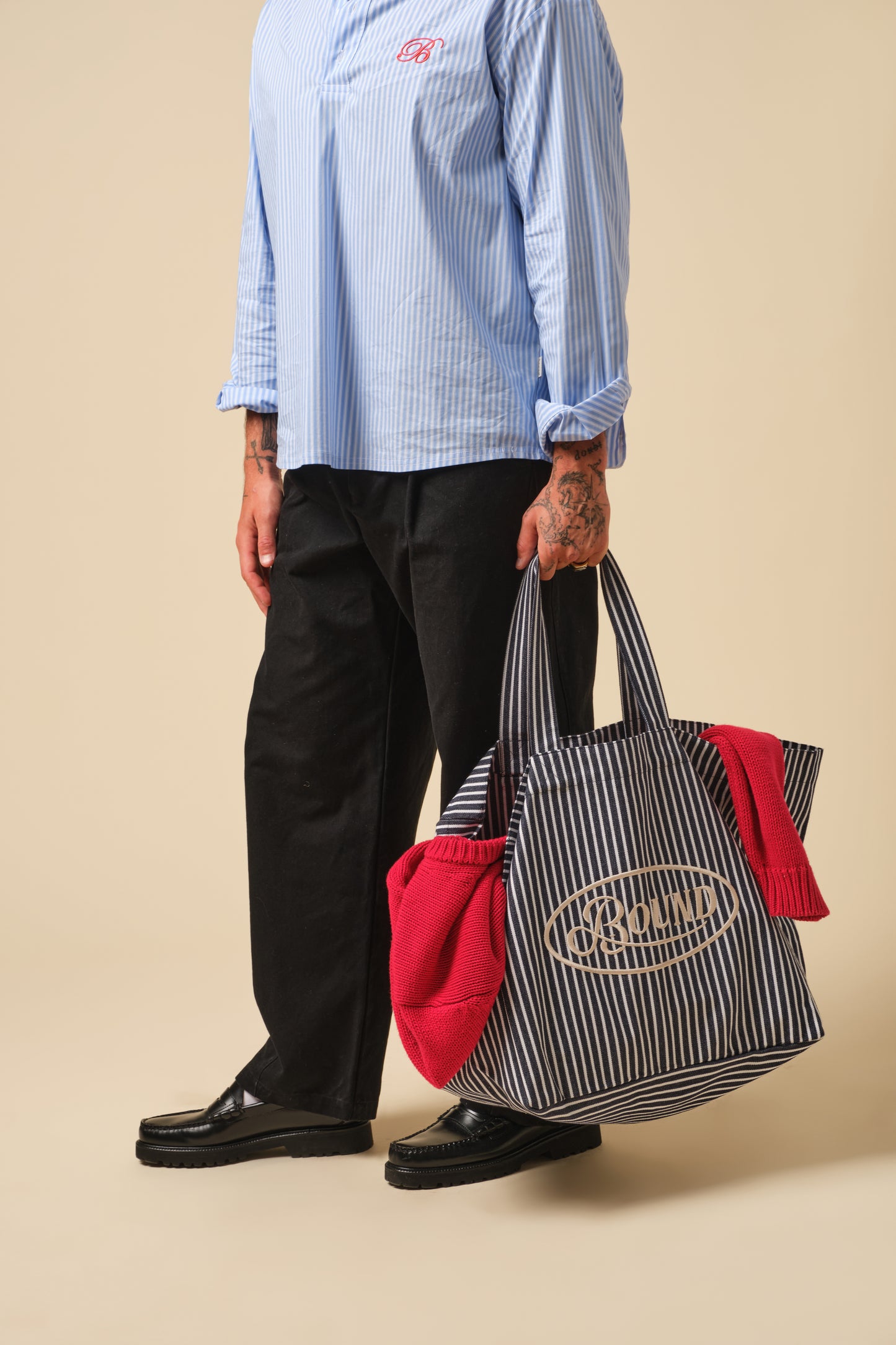 FREDDIE RETRO EMBROIDERED OVERSIZED TOTE BAG - NAVY STRIPE