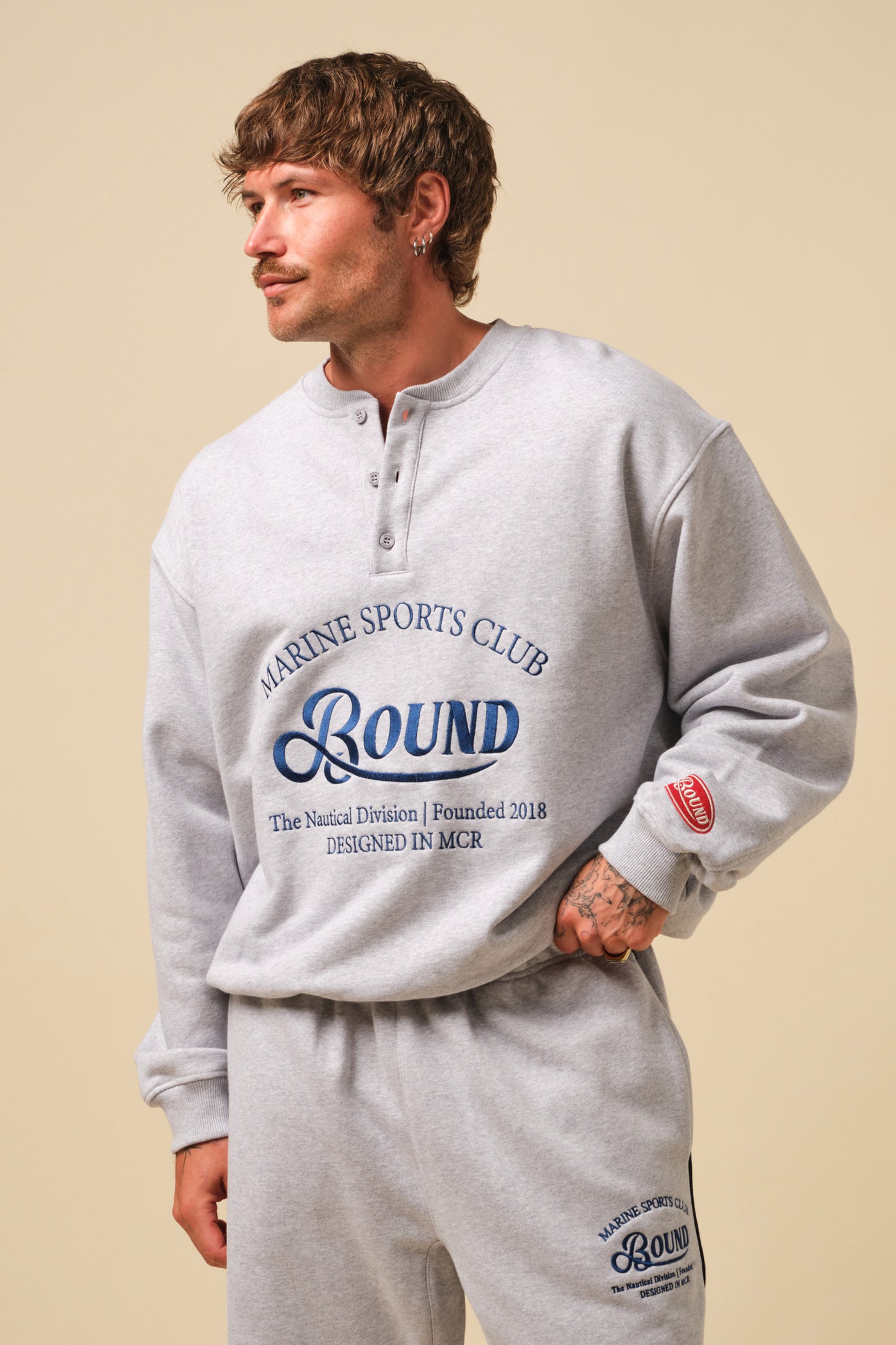 FREDDIE GRANDAD COLLAR MARINE SWEATSHIRT - GREY