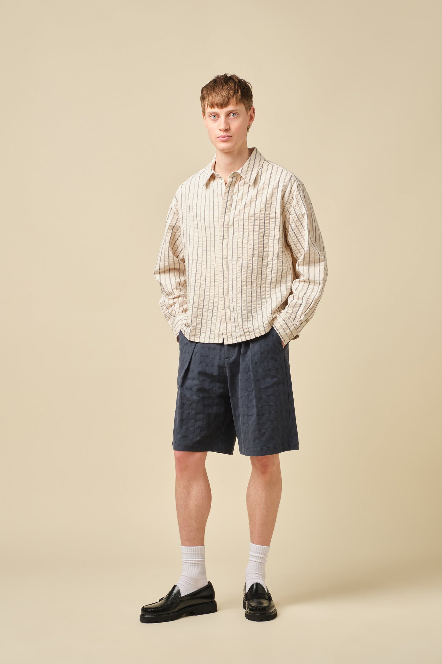 PORTO HERRINGBONE STRIPE SHIRT - CREAM