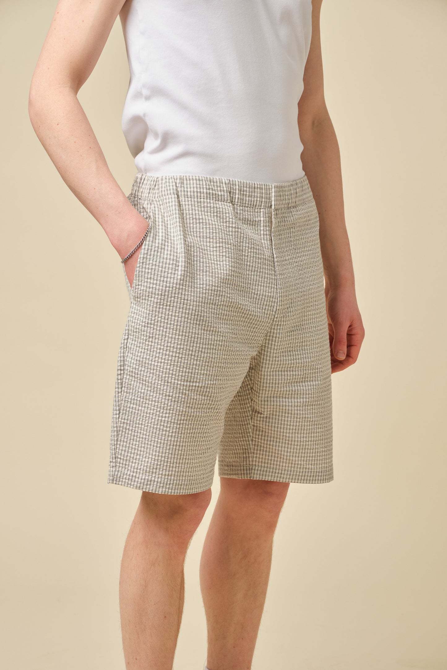 GINGHAM COTTON SHORTS - ECRU