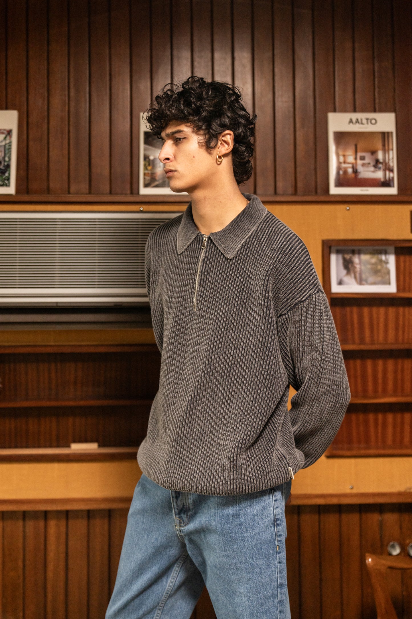 CHARCOAL ACID WASH  HALF ZIP KNIT PULLOVER