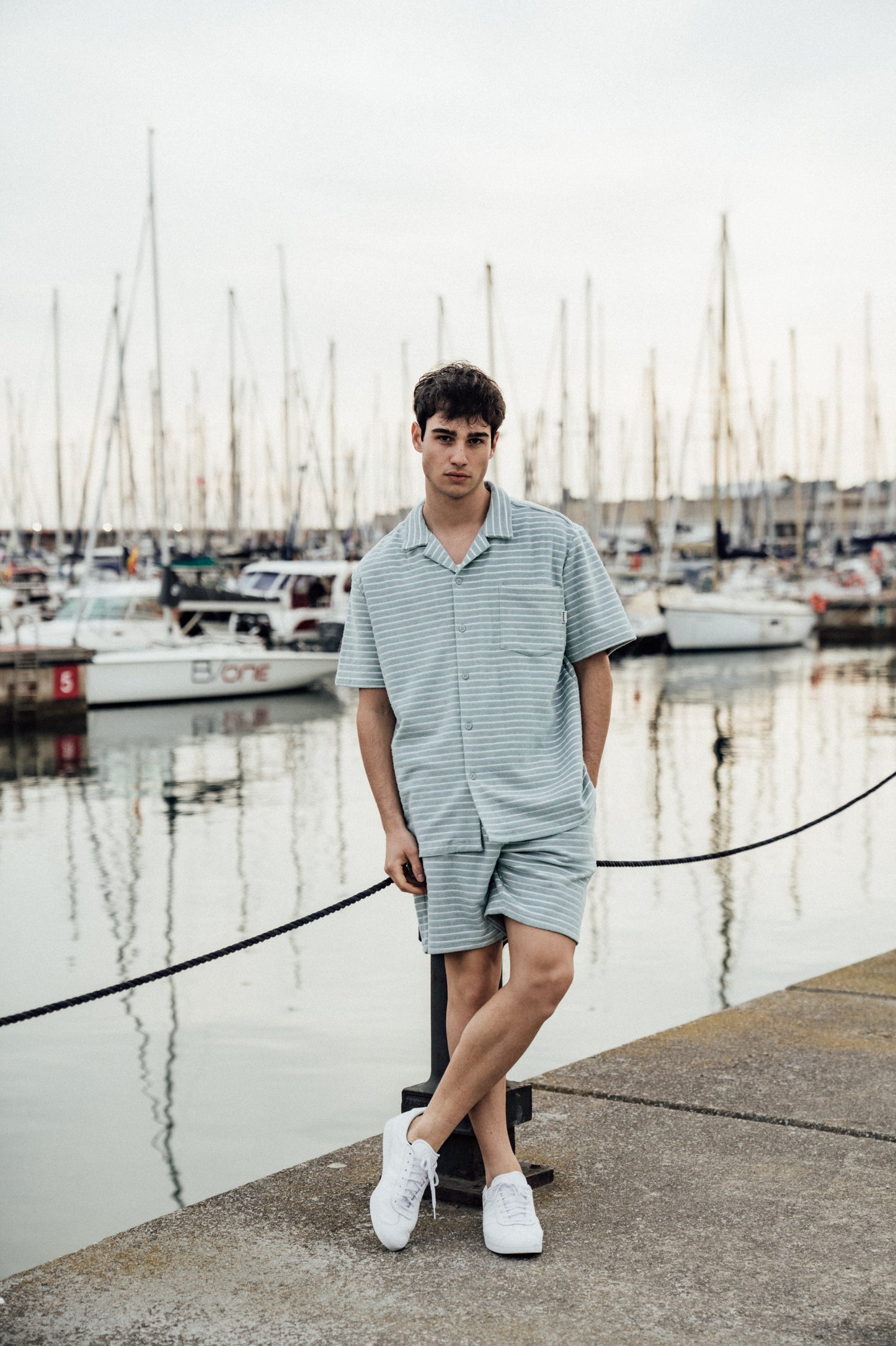 STRIPE TERRY TOWEL SS COTTON SHIRT - LIGHT BLUE